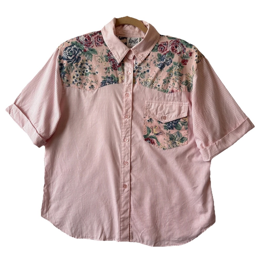 Vtg Tap & Co Floral Pink Pinstripe Button Up Shirt L Western Cottagecore Grandma